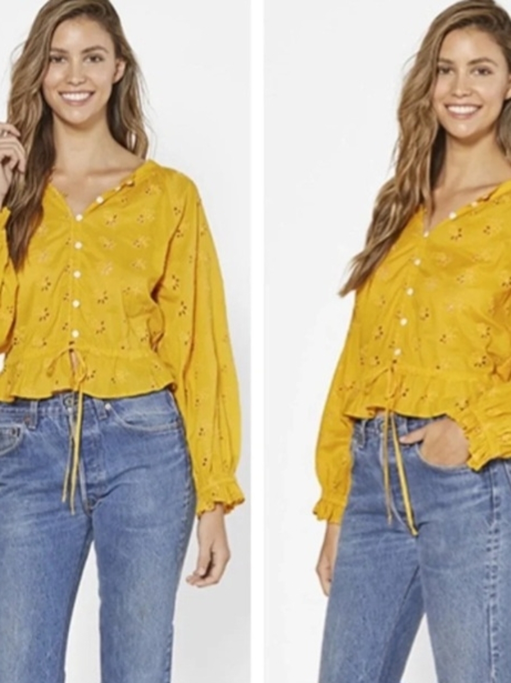 Outerknown Mustard Yellow Eyelet Drawstring Blouse